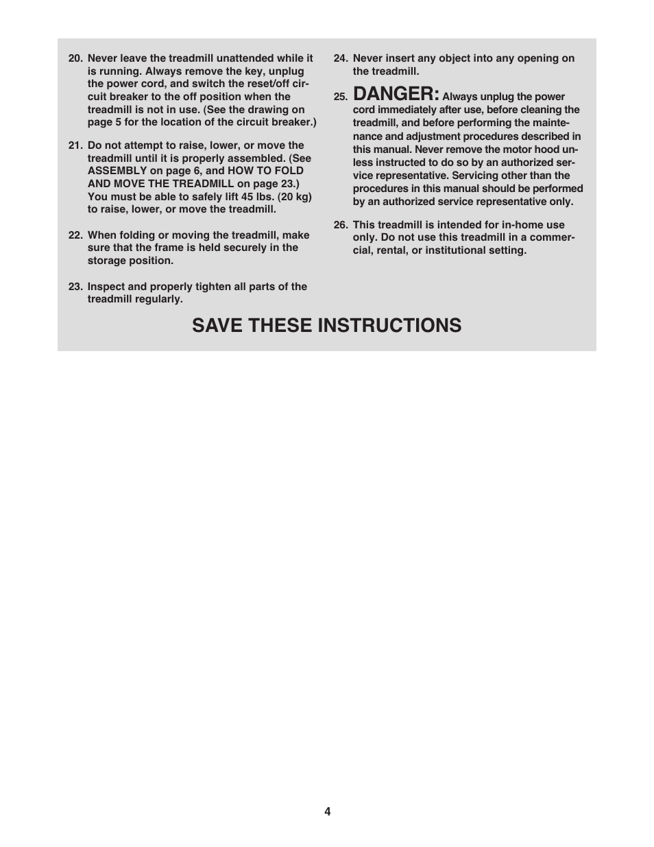 Danger, Save these instructions | Gold's Gym Maxx Crosswalk 650 User Manual | Page 4 / 36