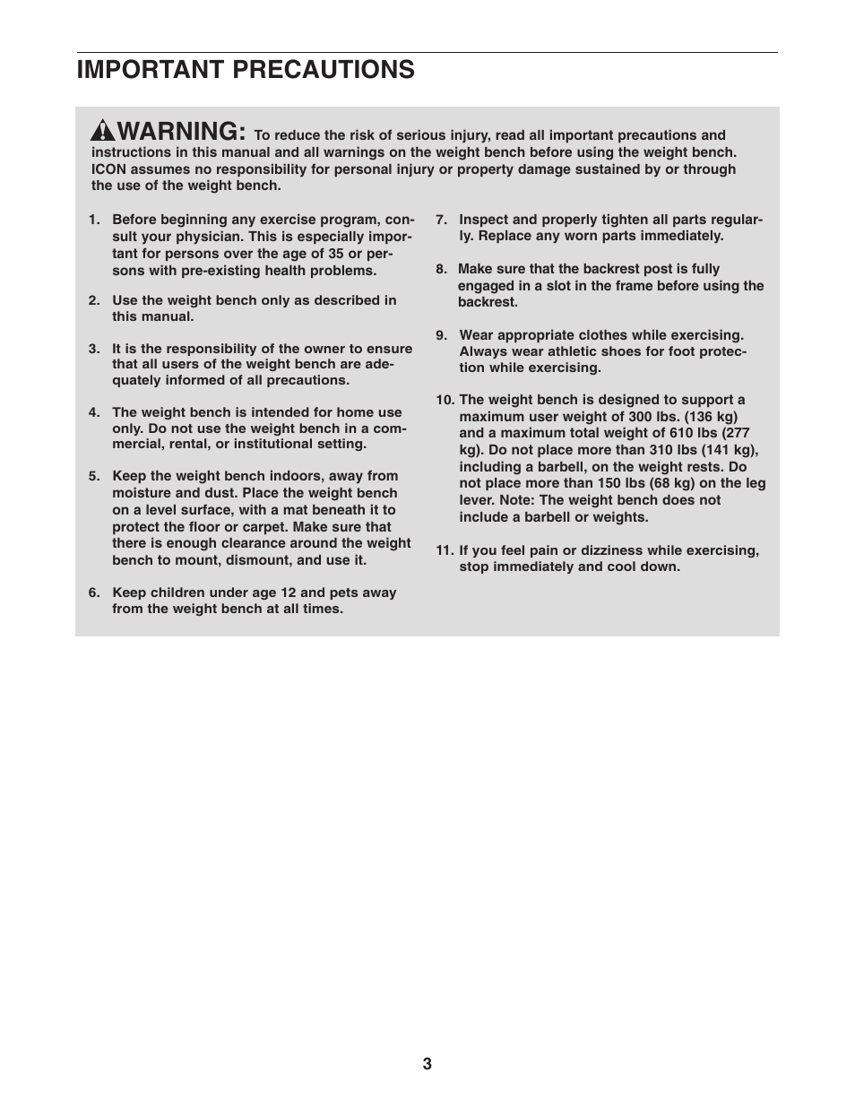 Important precautions warning | Gold's Gym PLATINUM GGBE1658.0 User Manual | Page 3 / 20