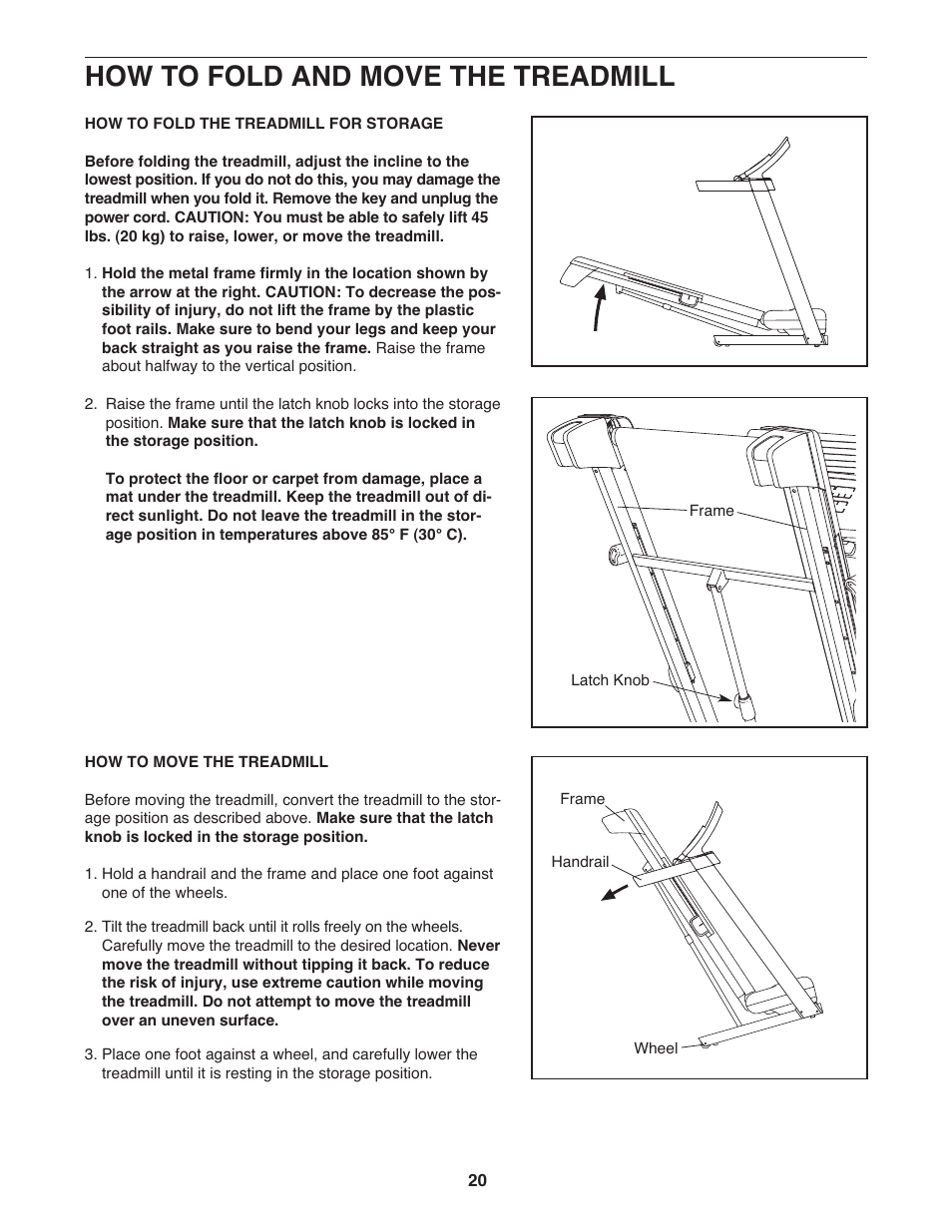 How to fold and move the treadmill | Gold's Gym GGTL90608.0 User Manual | Page 20 / 32