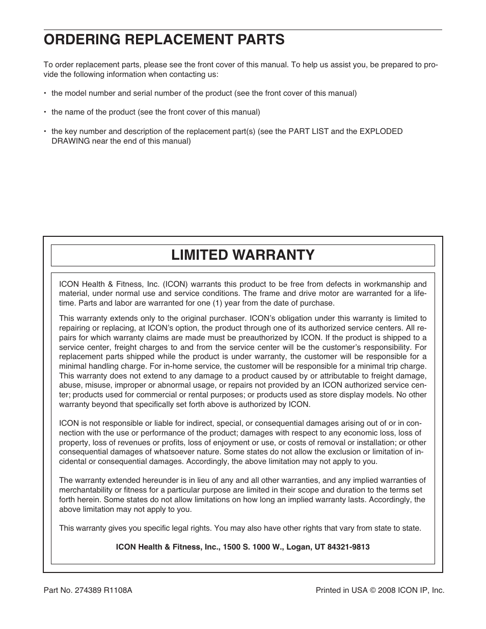 Ordering replacement parts, Limited warranty | Gold's Gym GGTL90608.0 User Manual | Page 32 / 32