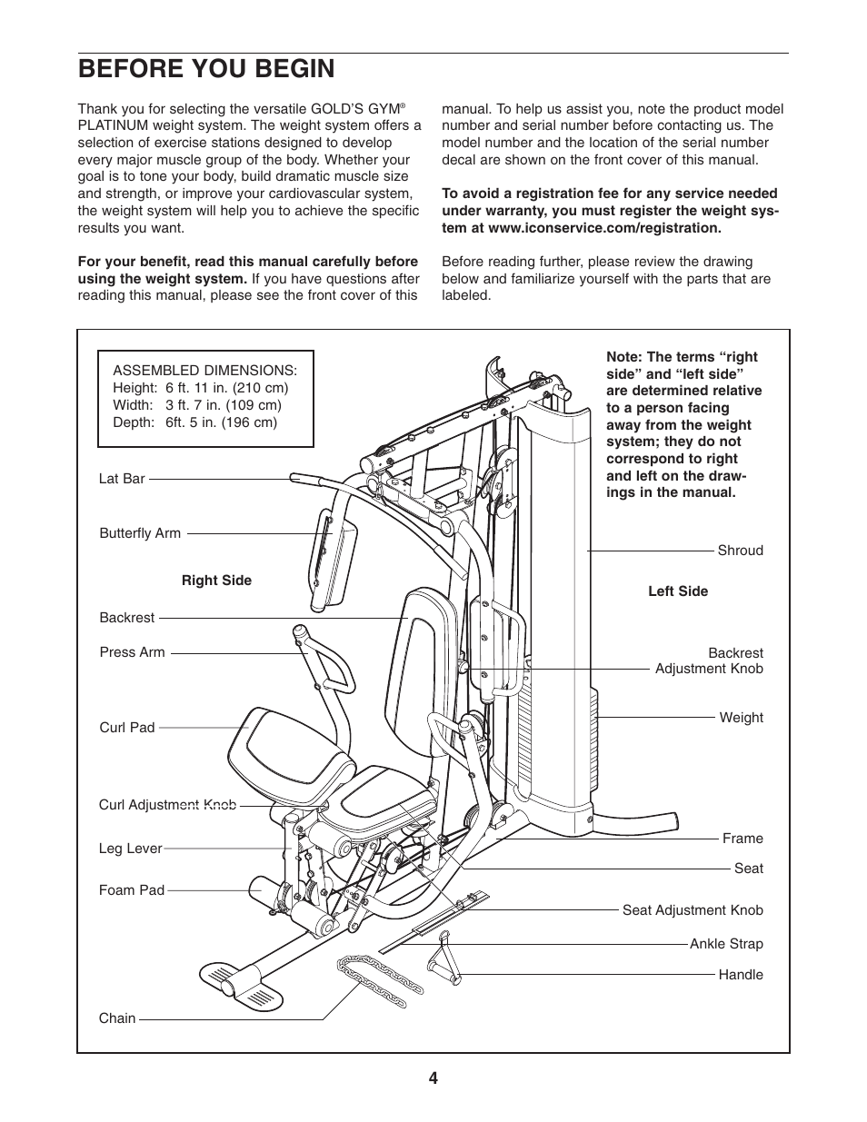 Before you begin | Gold's Gym Platinum GGSY3058.0 User Manual | Page 4 / 36