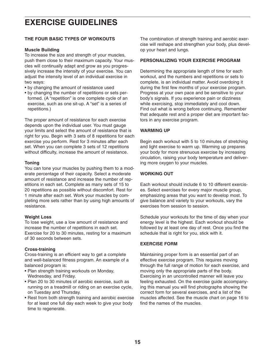 Exercise guidelines | Gold's Gym Platinum GGBE25580 User Manual | Page 15 / 20