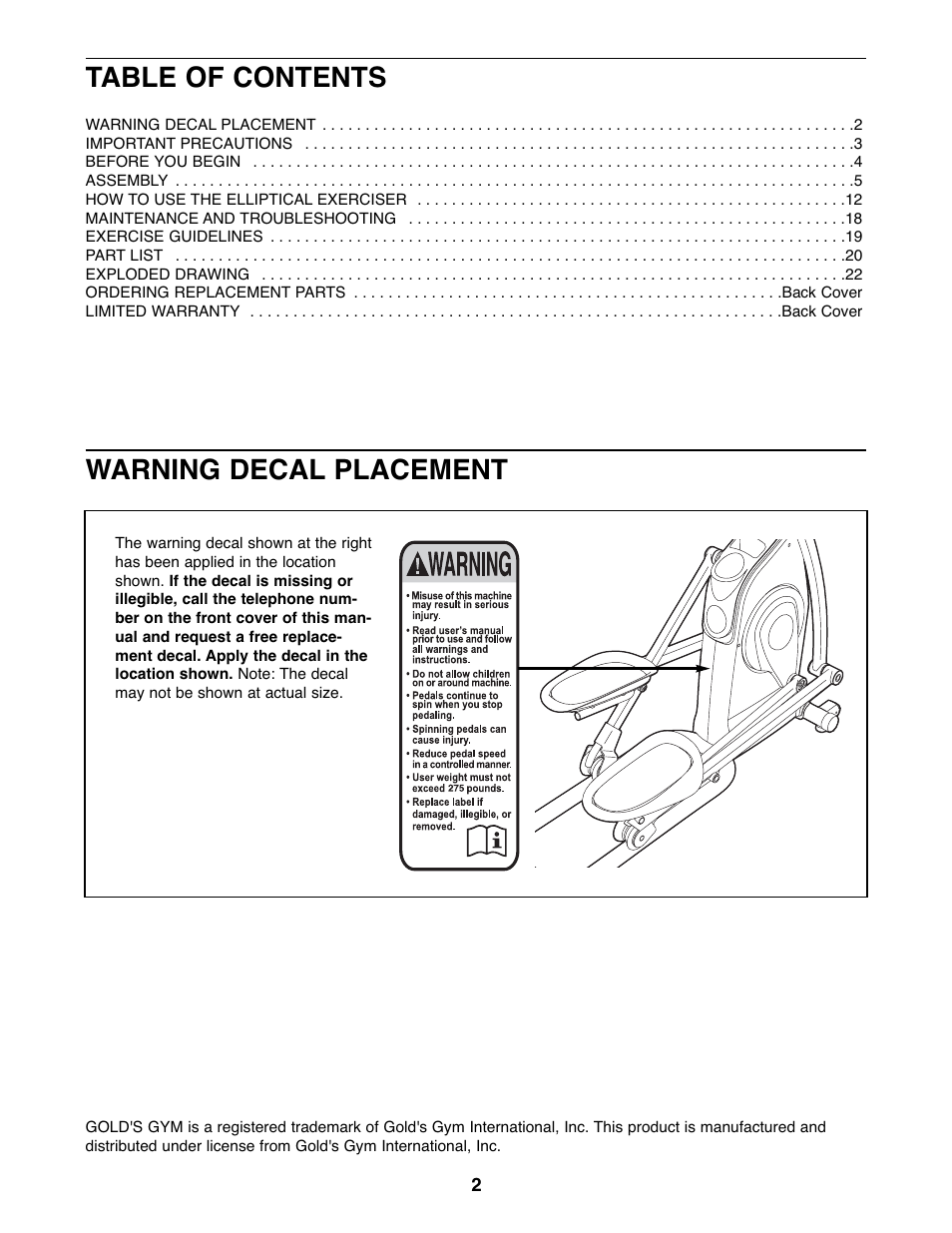 Gold's Gym 510 User Manual | Page 2 / 24