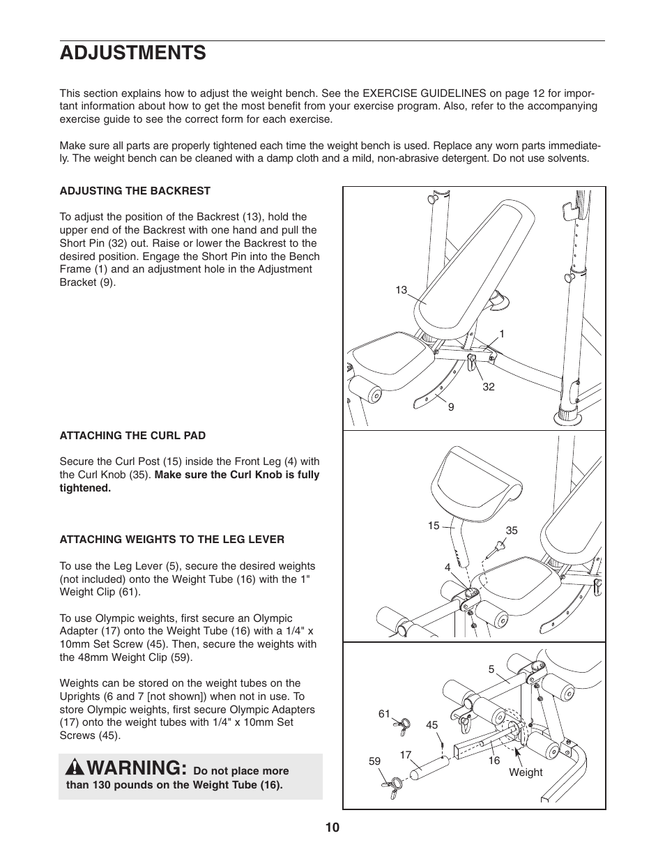 Adjustments, Warning | Gold's Gym GB 1500 GGBE19640 User Manual | Page 10 / 19