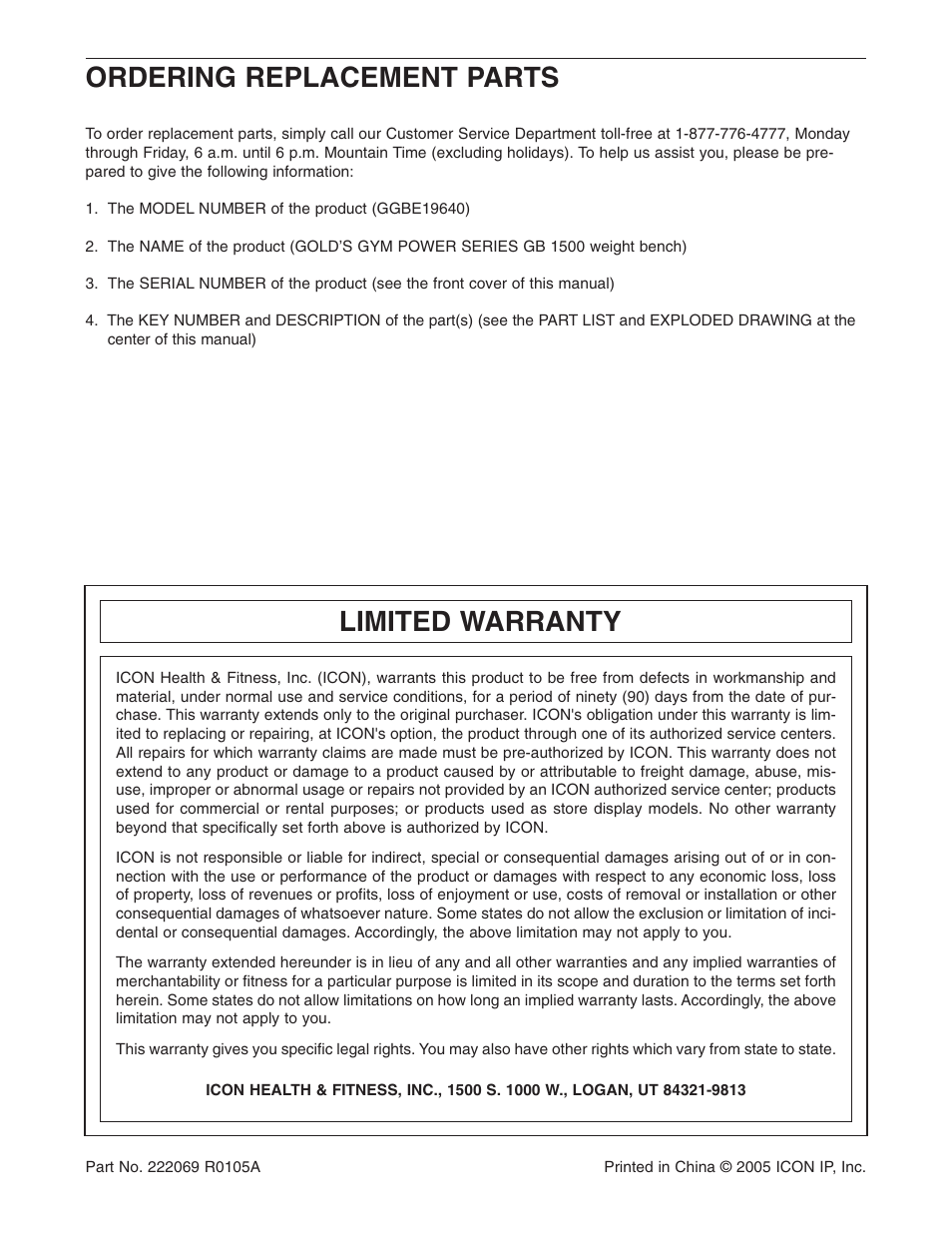Limited warranty, Ordering replacement parts | Gold's Gym GB 1500 GGBE19640 User Manual | Page 19 / 19