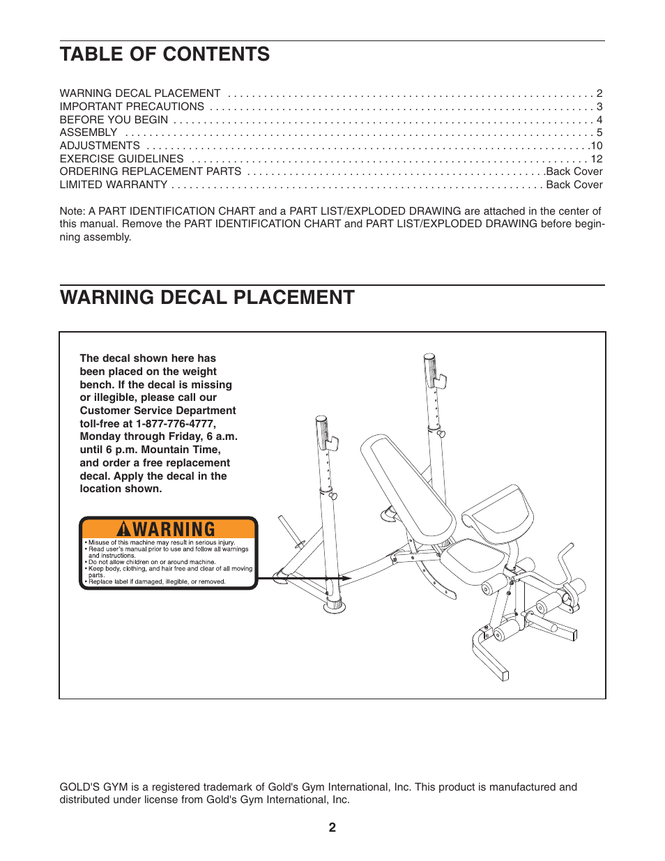 Gold's Gym GB 1500 GGBE19640 User Manual | Page 2 / 19