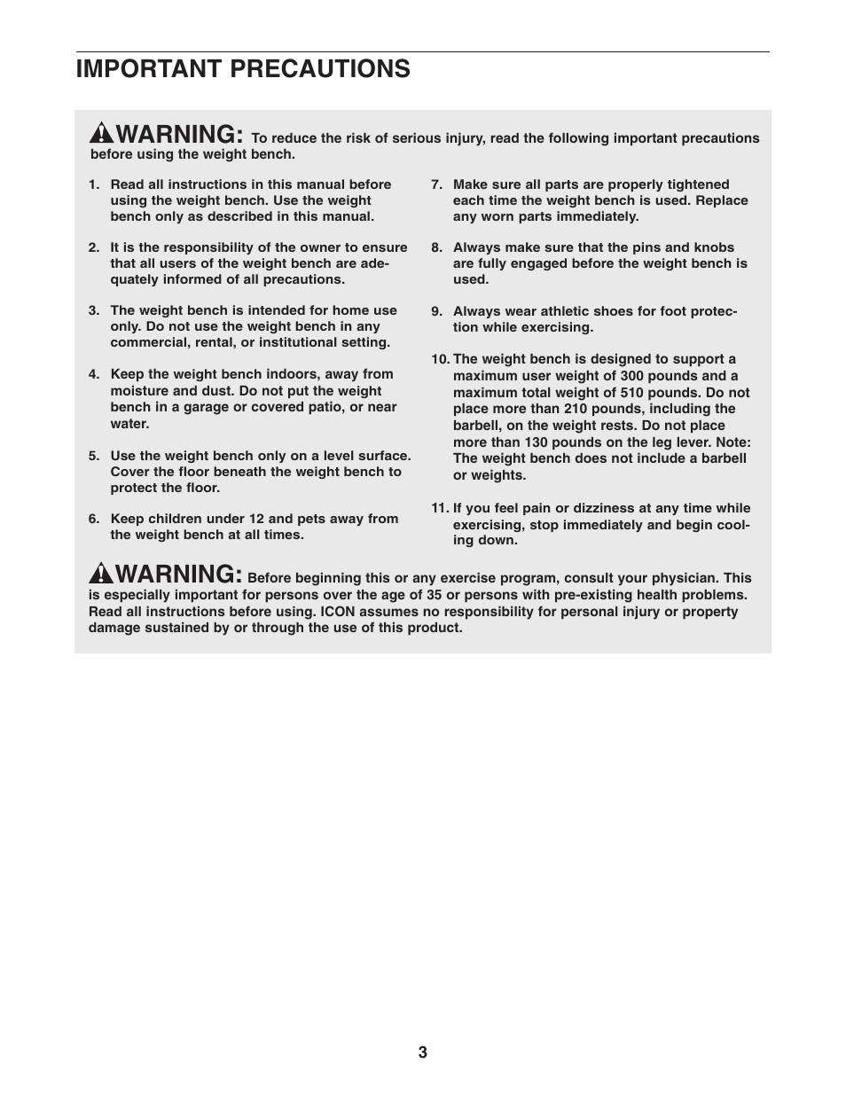 Warning, Important precautions | Gold's Gym GB 1500 GGBE19640 User Manual | Page 3 / 19
