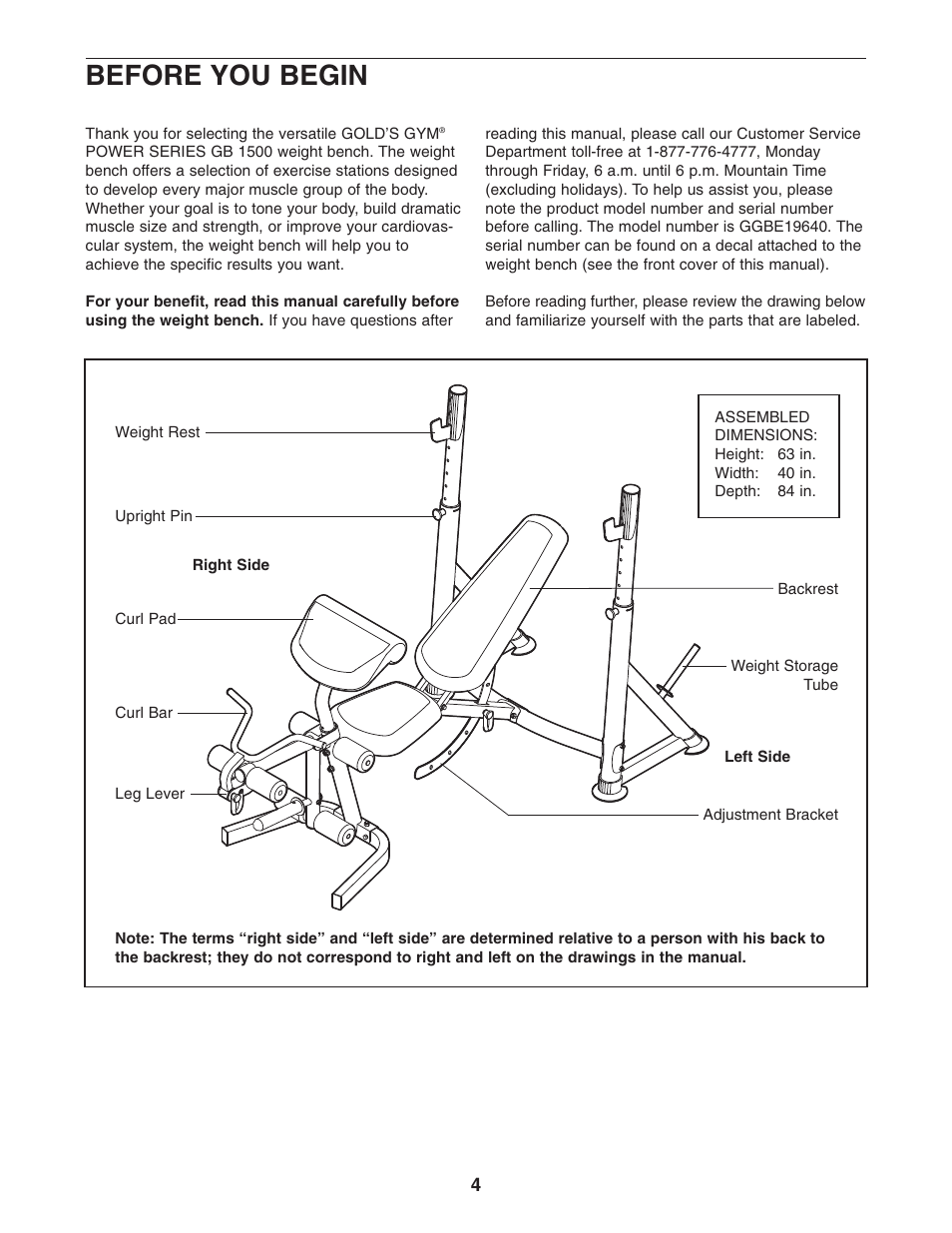 Before you begin | Gold's Gym GB 1500 GGBE19640 User Manual | Page 4 / 19