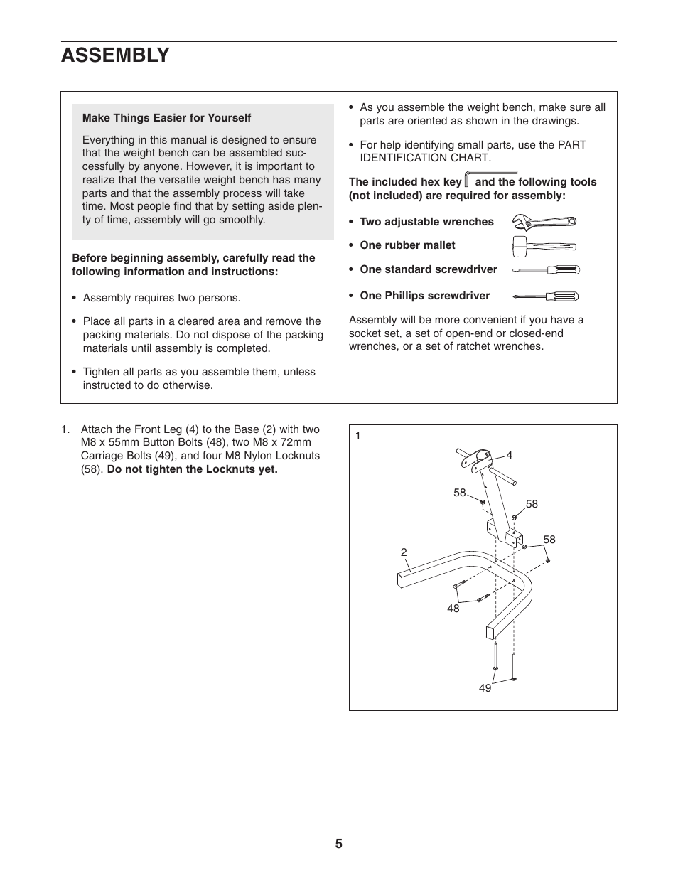 Assembly | Gold's Gym GB 1500 GGBE19640 User Manual | Page 5 / 19