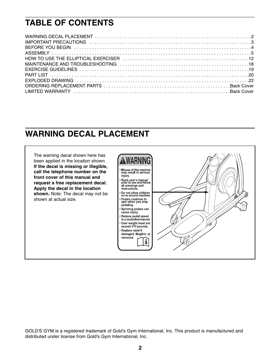 Gold's Gym GGEL60407.1 User Manual | Page 2 / 24
