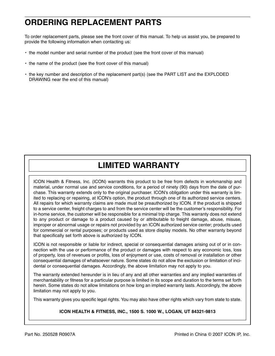 Ordering replacement parts limited warranty | Gold's Gym GGSY3066.1 User Manual | Page 36 / 36