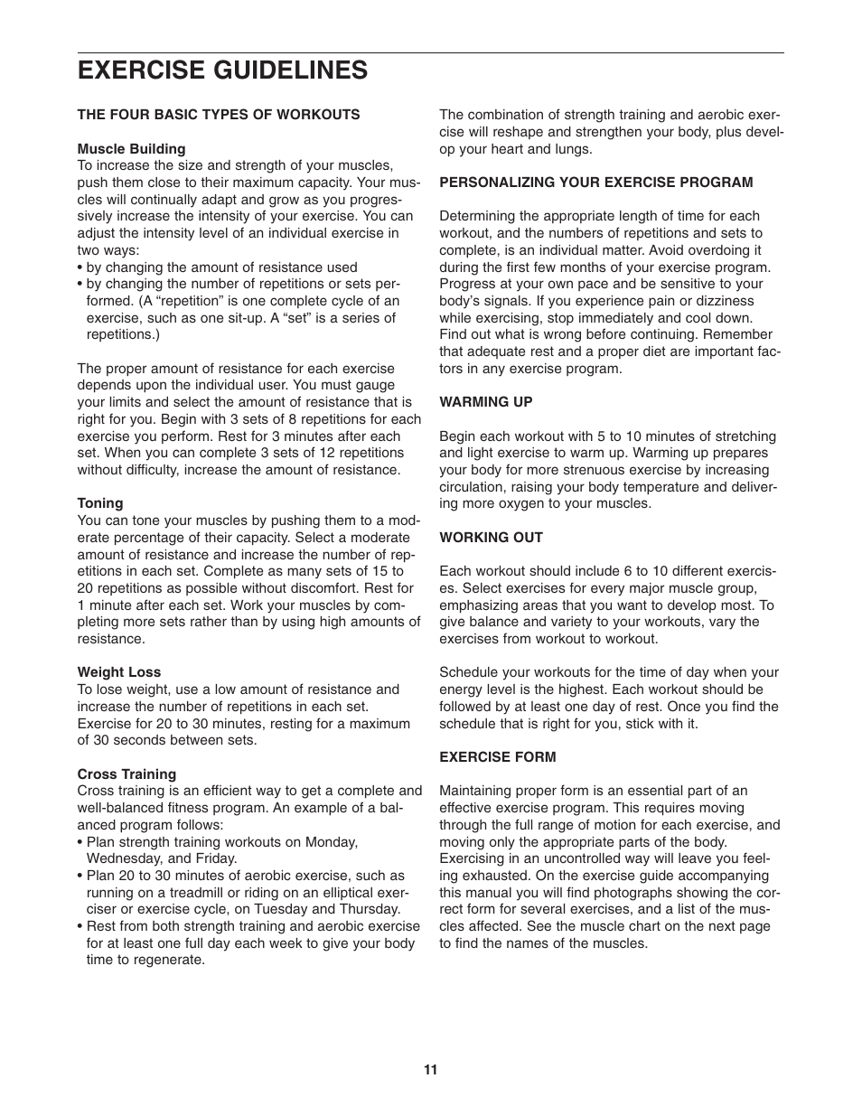 Exercise guidelines | Gold's Gym Platinum GGBE0957.0 User Manual | Page 11 / 16