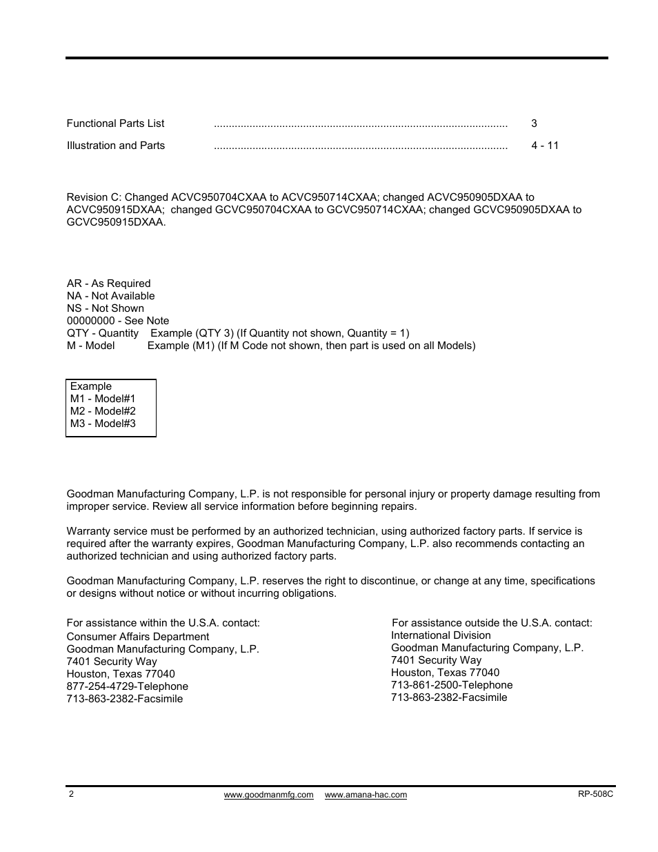 Important information, Index | Goodman Mfg ACVC950714CXAA User Manual | Page 2 / 12
