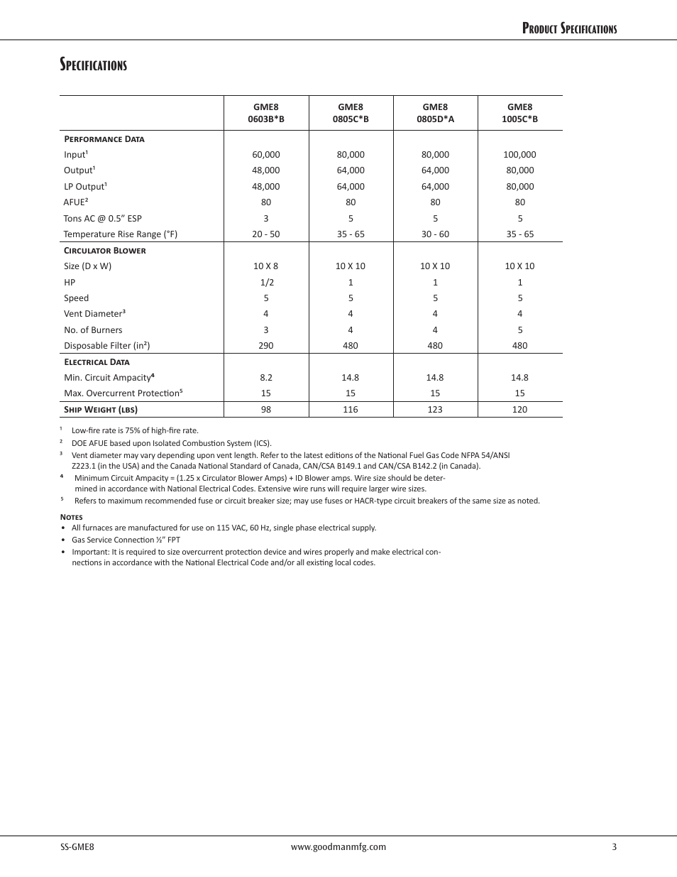 Pecifications | Goodman Mfg SS-GME8 User Manual | Page 3 / 8