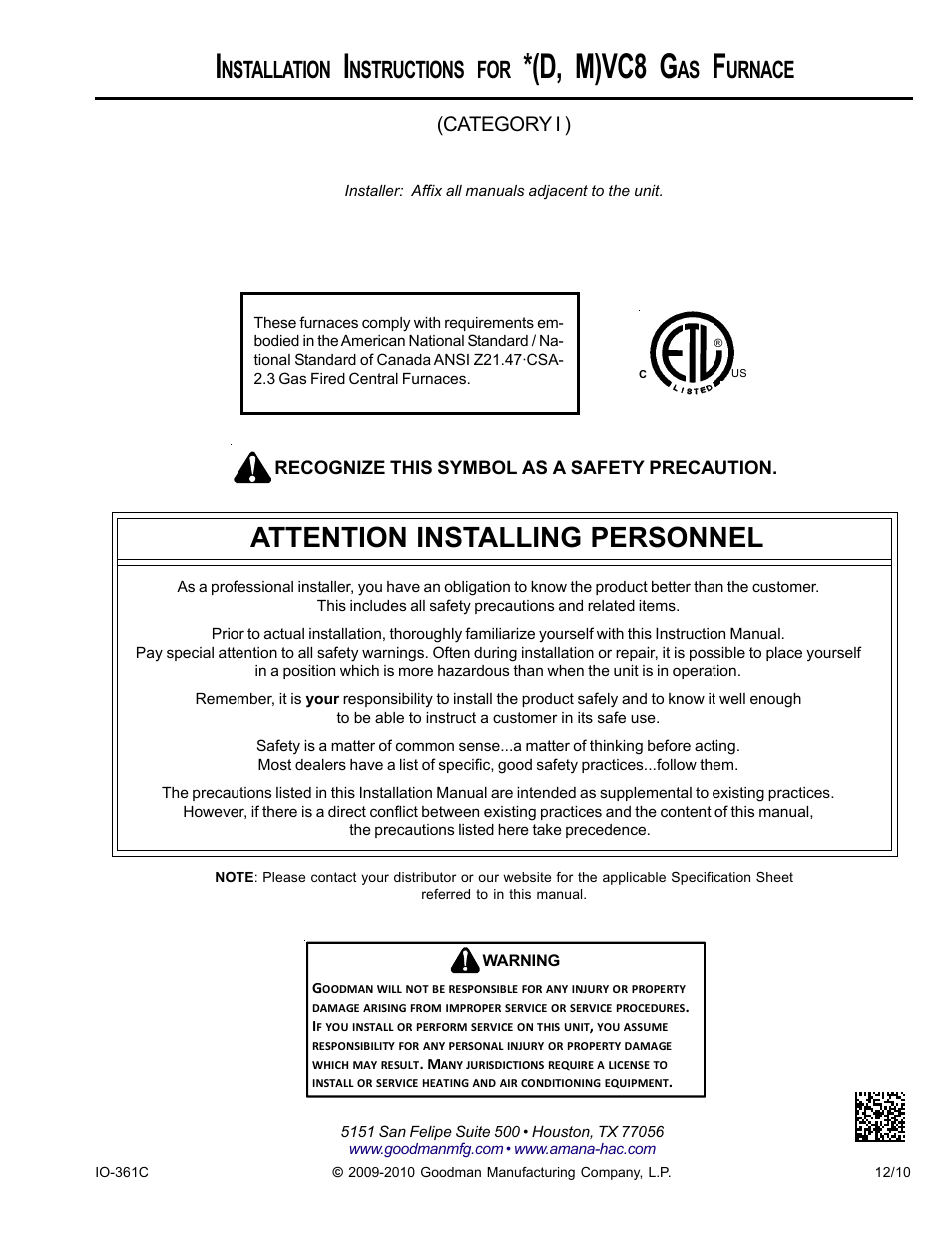 Goodman Mfg VC8 User Manual | 48 pages