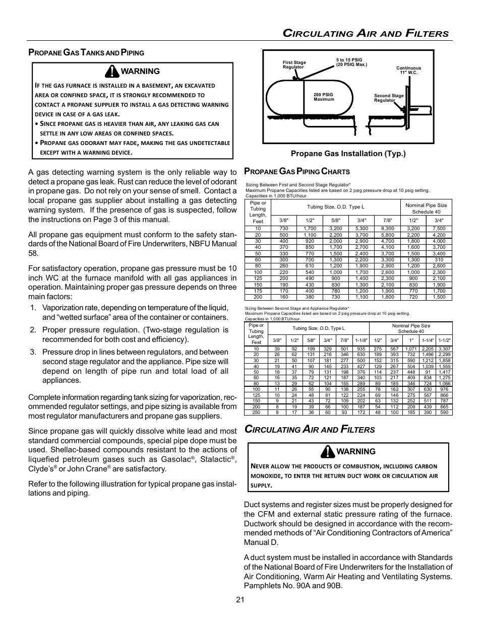 Warning, Irculating, Ilters | Stalactic, Clyde’s, Or john crane, Propane gas installation (typ.), Ilters n | Goodman Mfg VC8 User Manual | Page 21 / 48