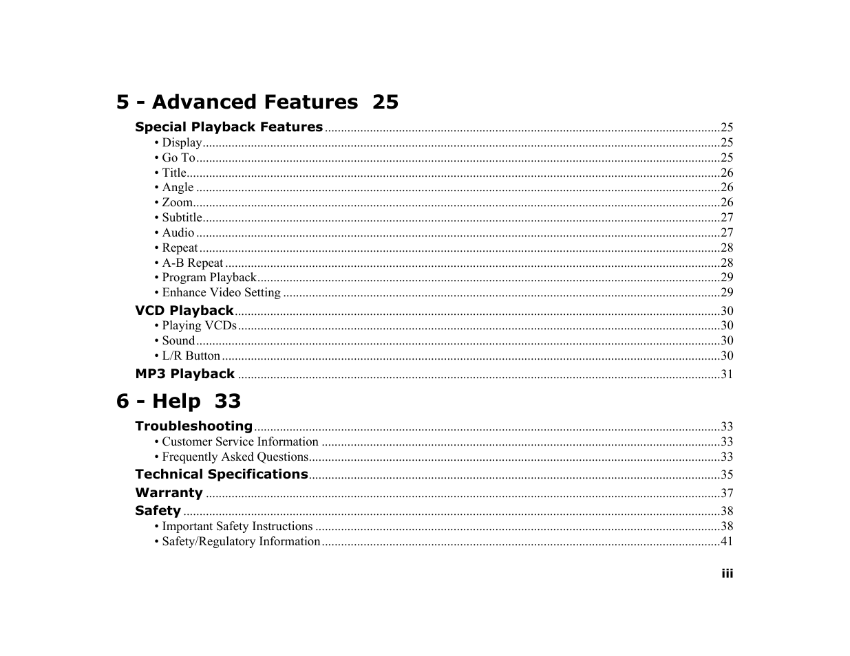 5 - advanced features 25, 6 - help 33 | GoVideo DHT7000 User Manual | Page 5 / 52