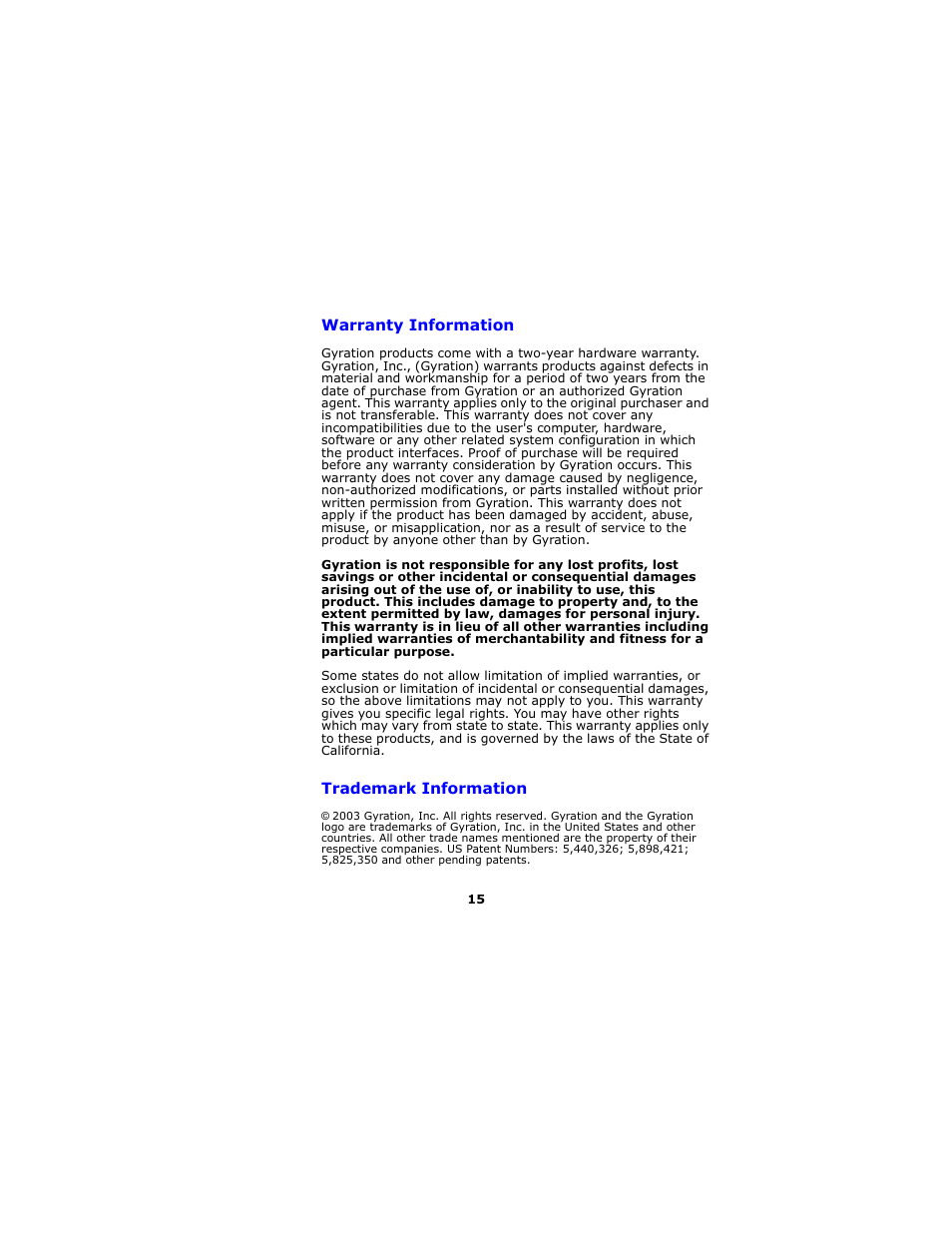 Warranty information, Trademark information | Gyration GP3200 User Manual | Page 18 / 19