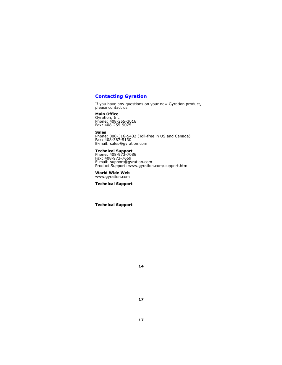 Contacting gyration | Gyration Full-Size Keyboard User Manual | Page 17 / 19