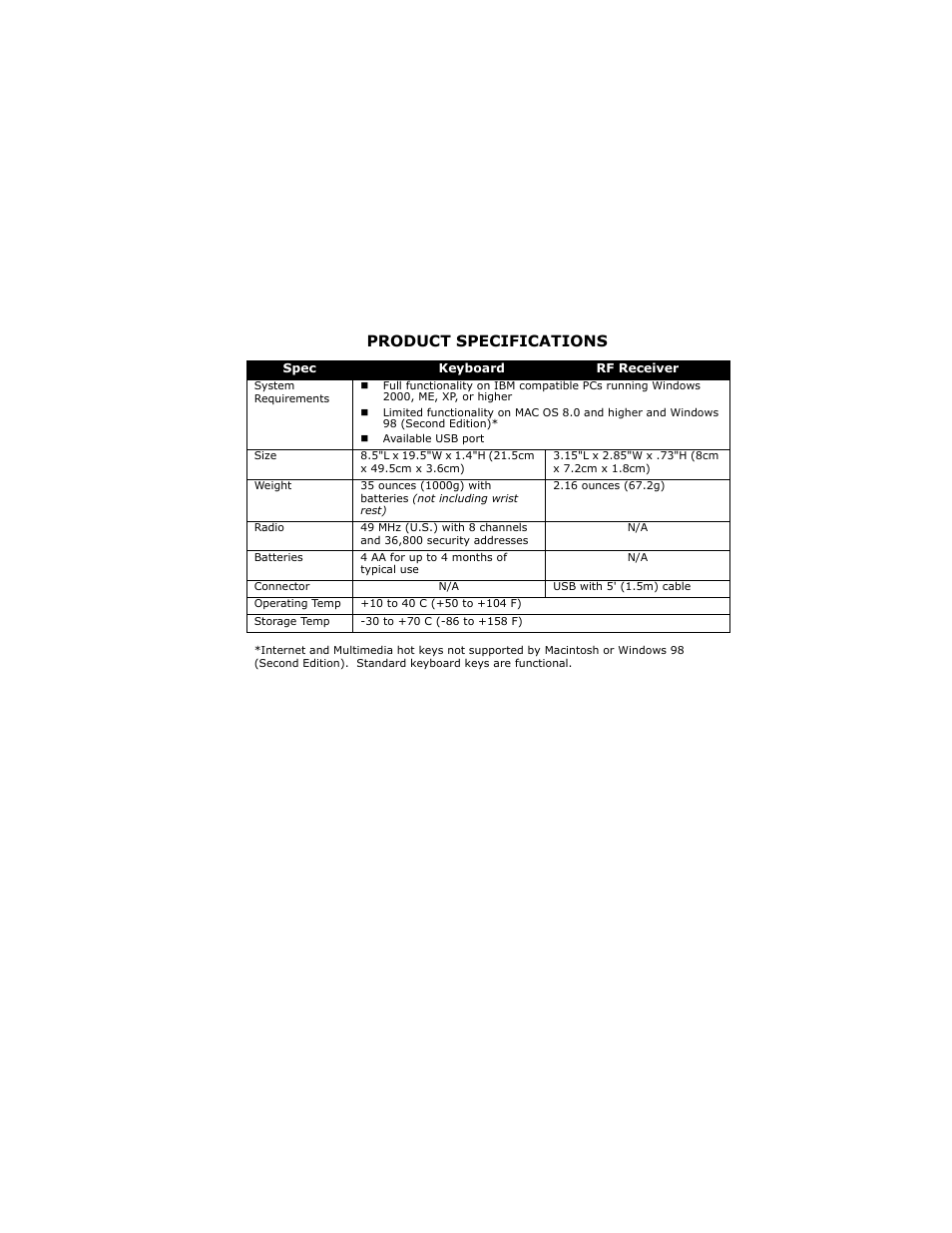 Product specifications | Gyration Full-Size Keyboard User Manual | Page 2 / 19