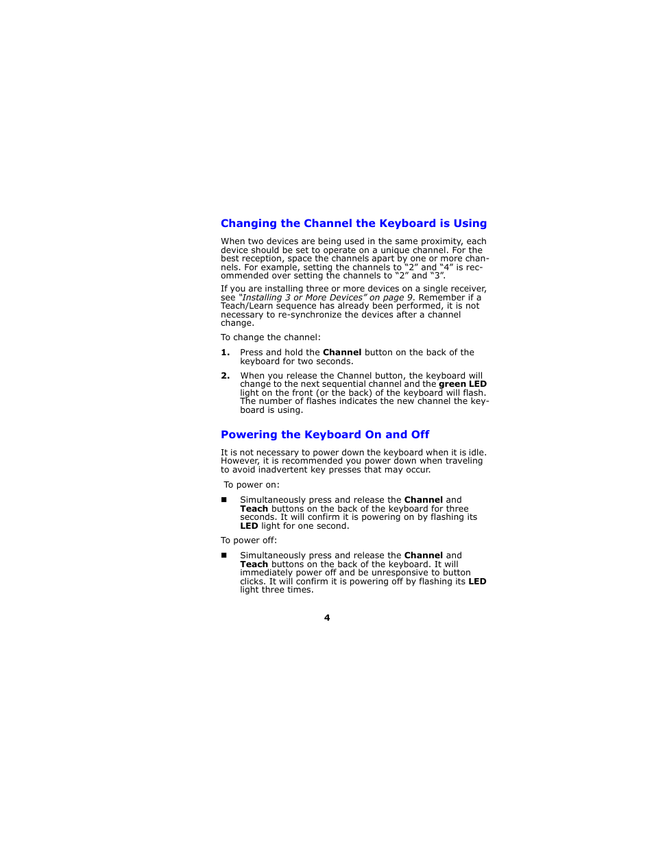 Changing the channel the keyboard is using, Powering the keyboard on and off | Gyration Full-Size Keyboard User Manual | Page 7 / 19