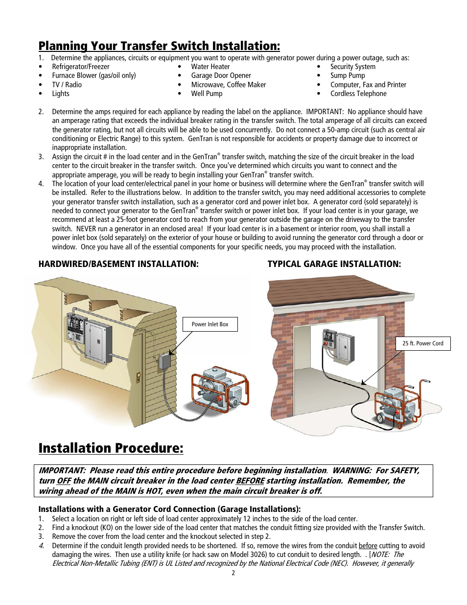 Installation procedure, Planning your transfer switch installation | GenTran 2026 User Manual | Page 2 / 8