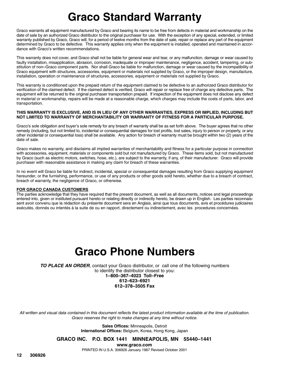 Graco standard warranty, Graco phone numbers | Graco Inc. Hydra-Clean 226314 User Manual | Page 12 / 12