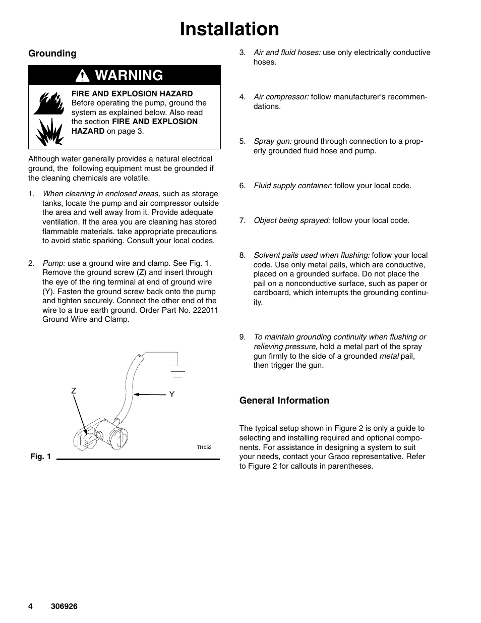 Installation, Warning | Graco Inc. Hydra-Clean 226314 User Manual | Page 4 / 12