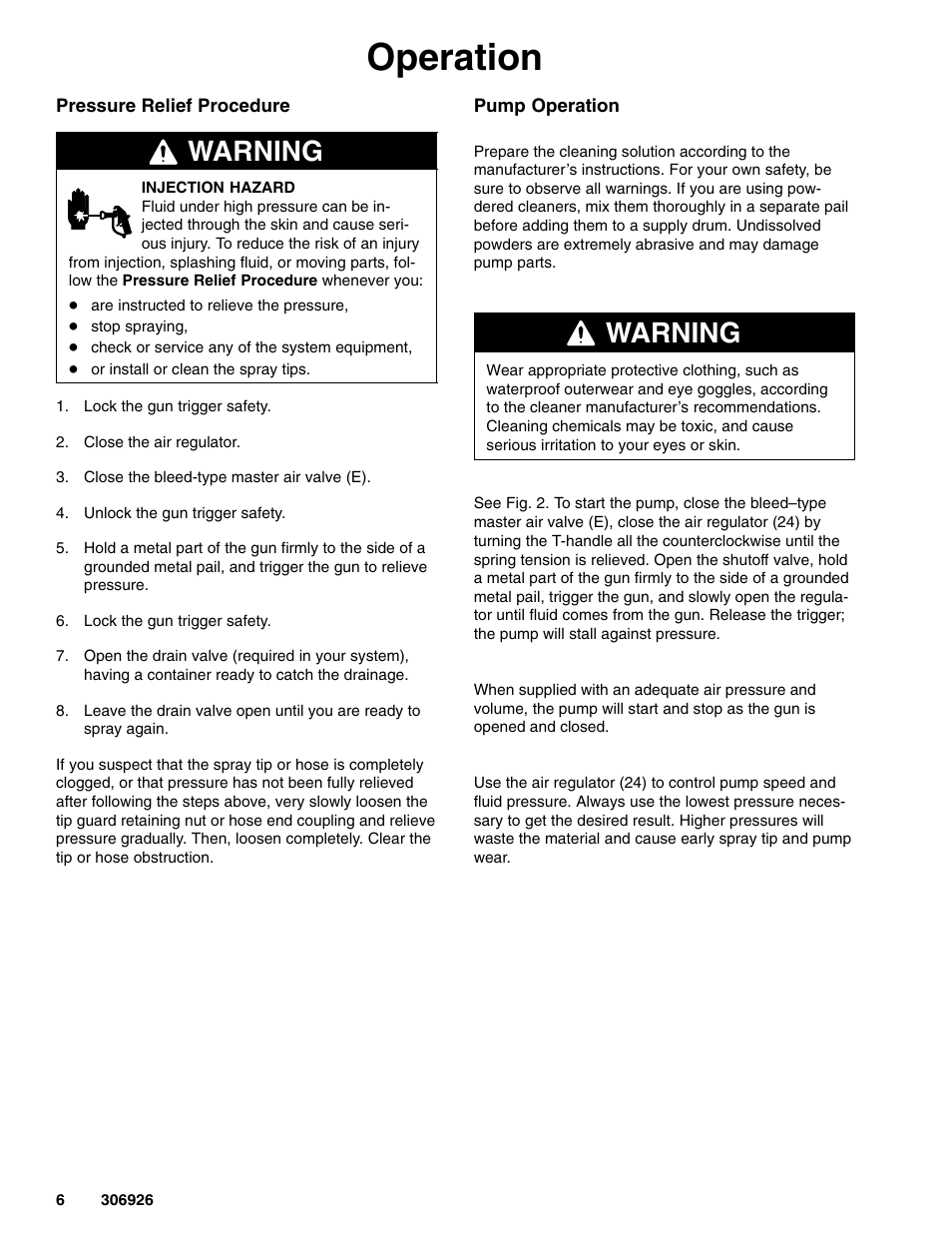 Operation, Warning | Graco Inc. Hydra-Clean 226314 User Manual | Page 6 / 12