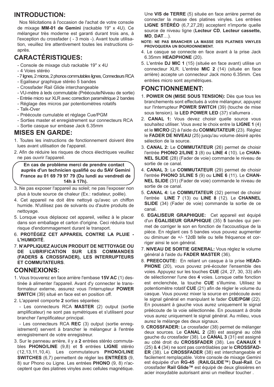 Introduction, Caractéristiques, Mises en garde | Connexions, Fonctionnement | Gemini MM-01 4U 19" User Manual | Page 10 / 12