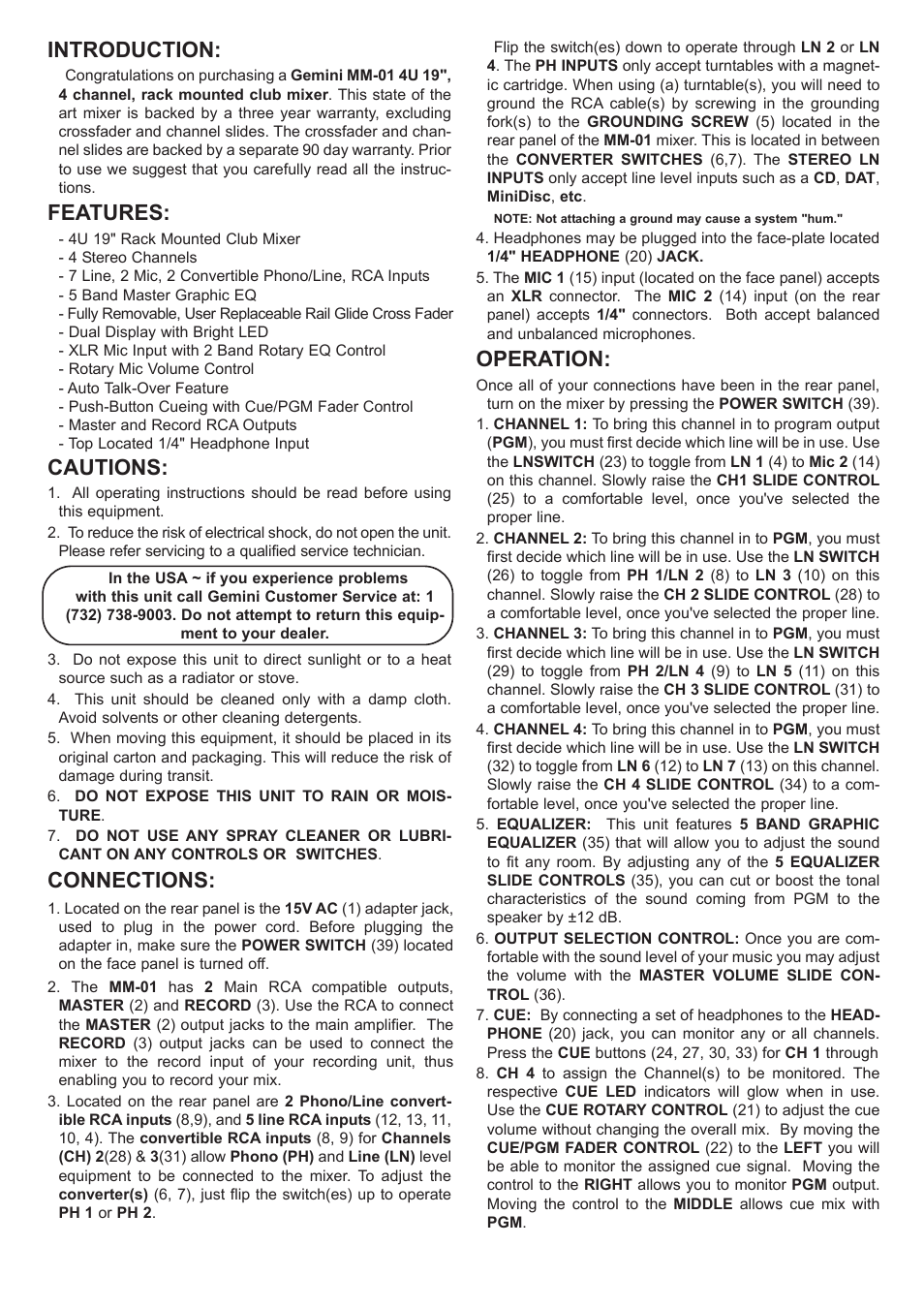 Introduction, Features, Cautions | Connections, Operation | Gemini MM-01 4U 19" User Manual | Page 4 / 12