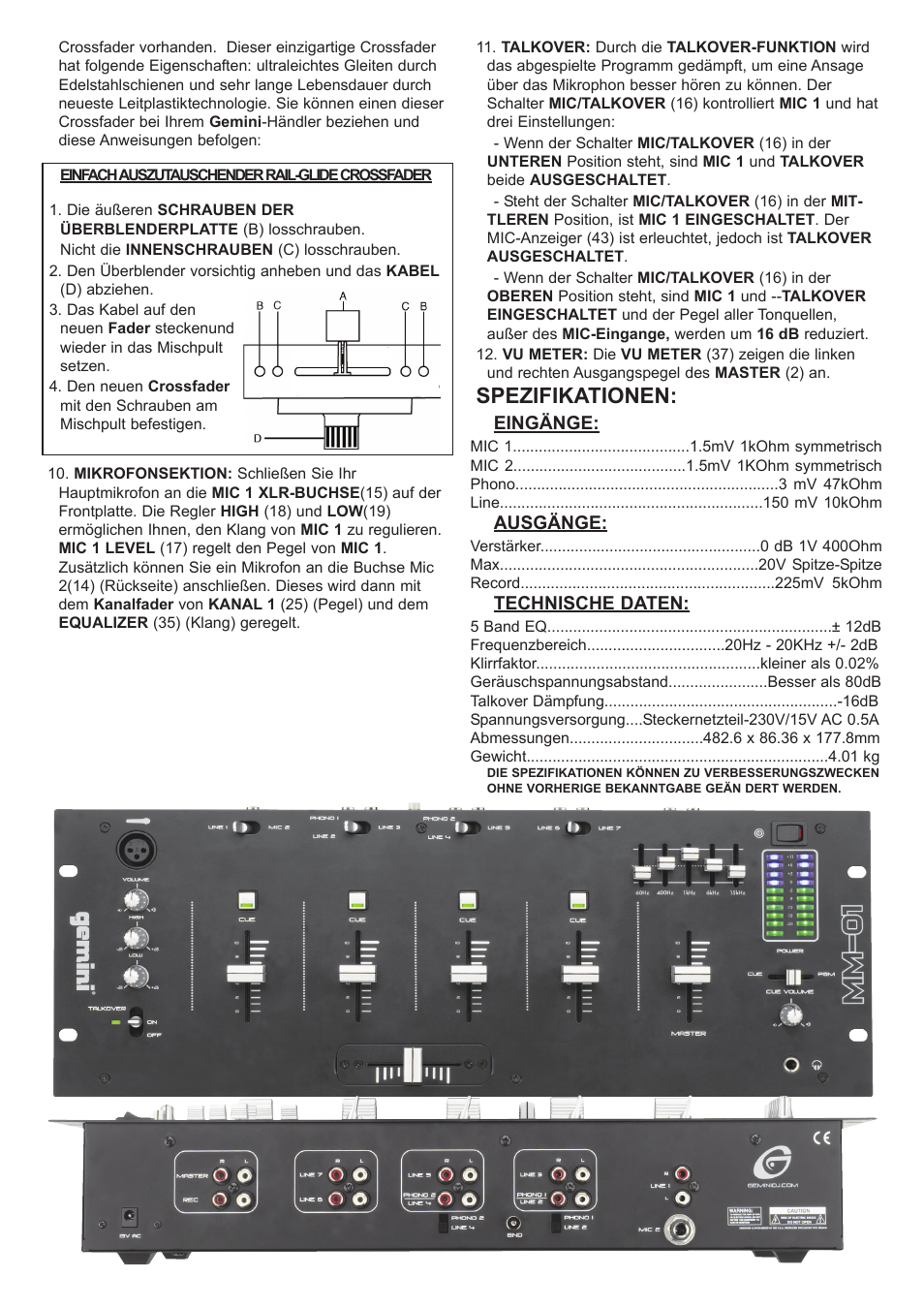 Spezifikationen | Gemini MM-01 4U 19" User Manual | Page 7 / 12