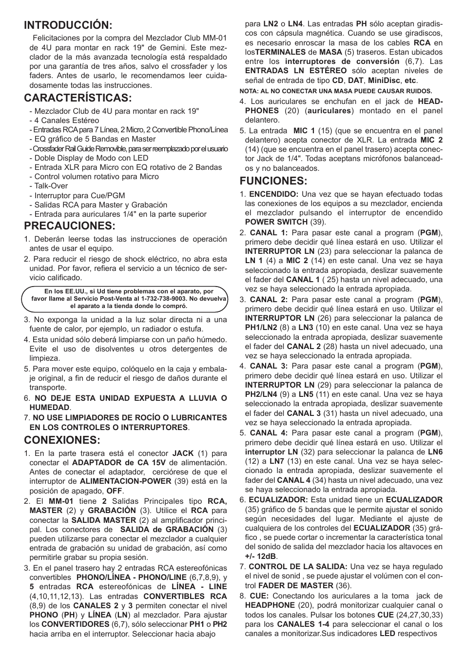 Introducción, Características, Precauciones | Conexiones, Funciones | Gemini MM-01 4U 19" User Manual | Page 8 / 12