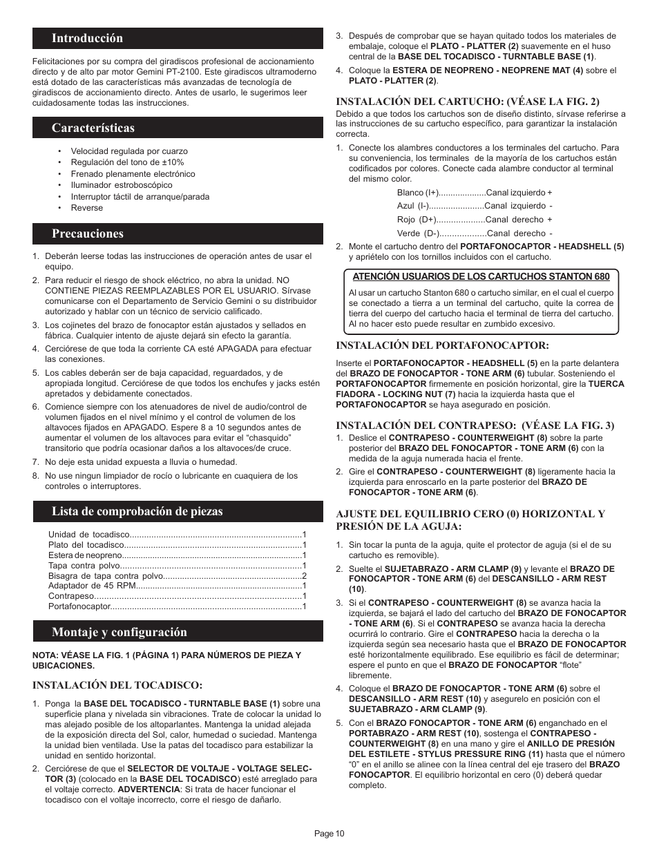 Introducción, Características, Precauciones | Lista de comprobación de piezas, Montaje y configuración | Gemini PT 2100 User Manual | Page 10 / 20