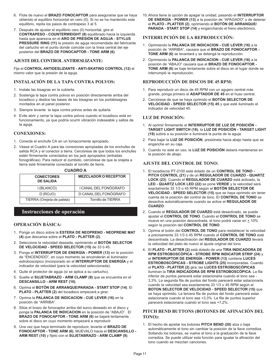 Instrucciones de operación | Gemini PT 2100 User Manual | Page 11 / 20