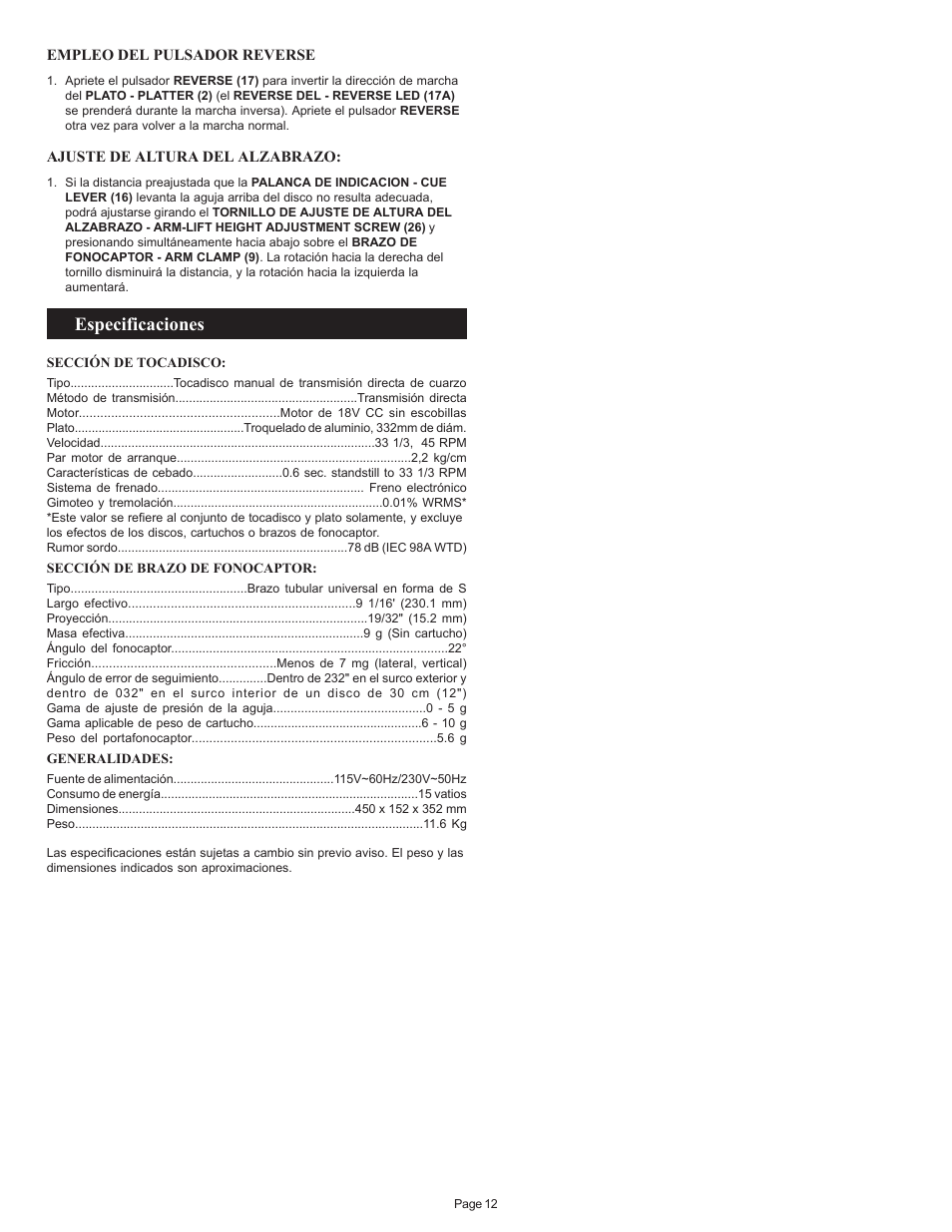 Especificaciones | Gemini PT 2100 User Manual | Page 12 / 20