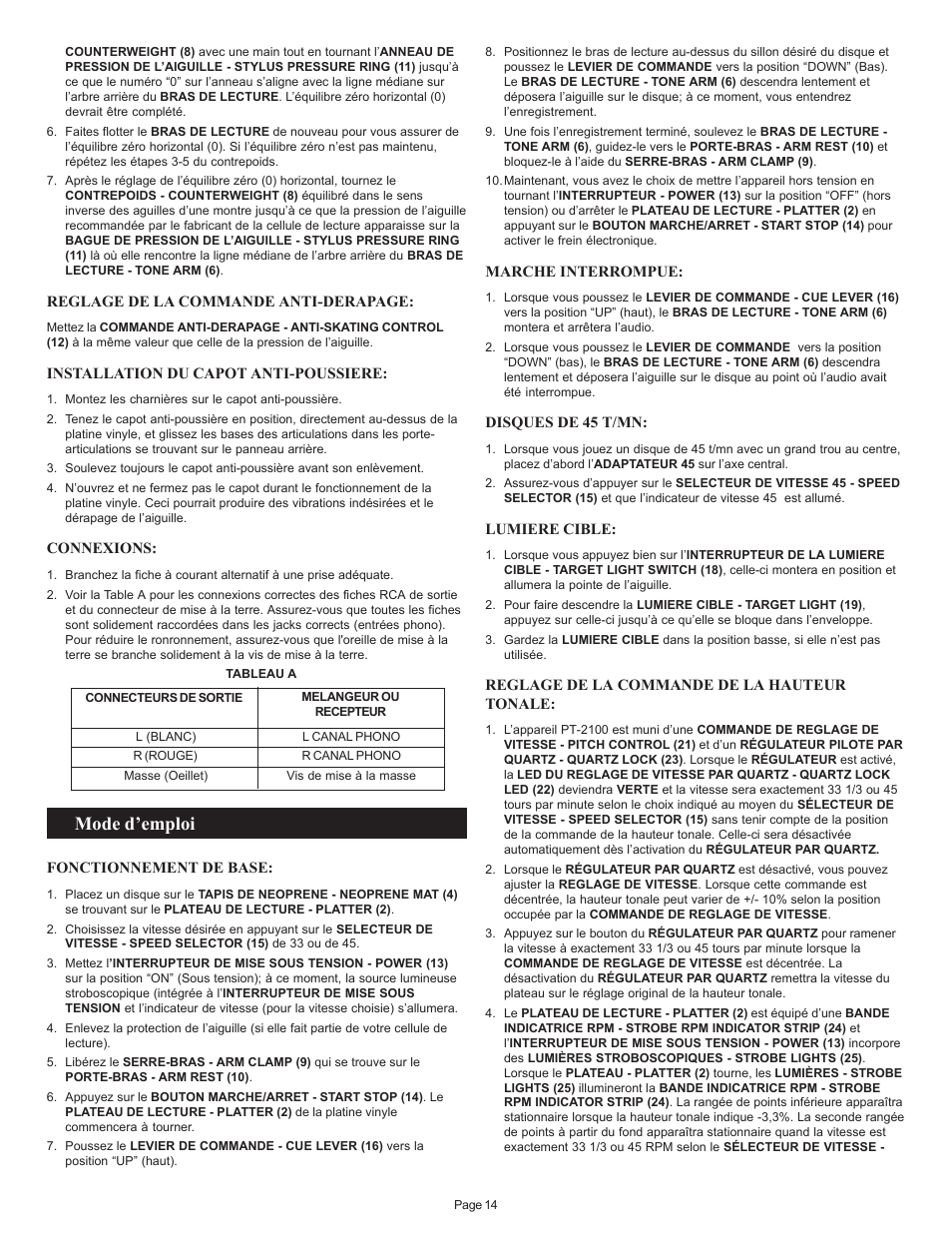 Mode d’emploi | Gemini PT 2100 User Manual | Page 14 / 20