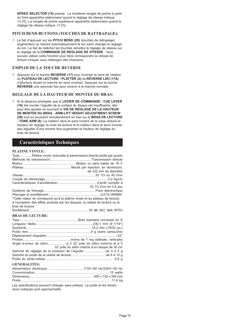 Caractéristiques techniques | Gemini PT 2100 User Manual | Page 15 / 20