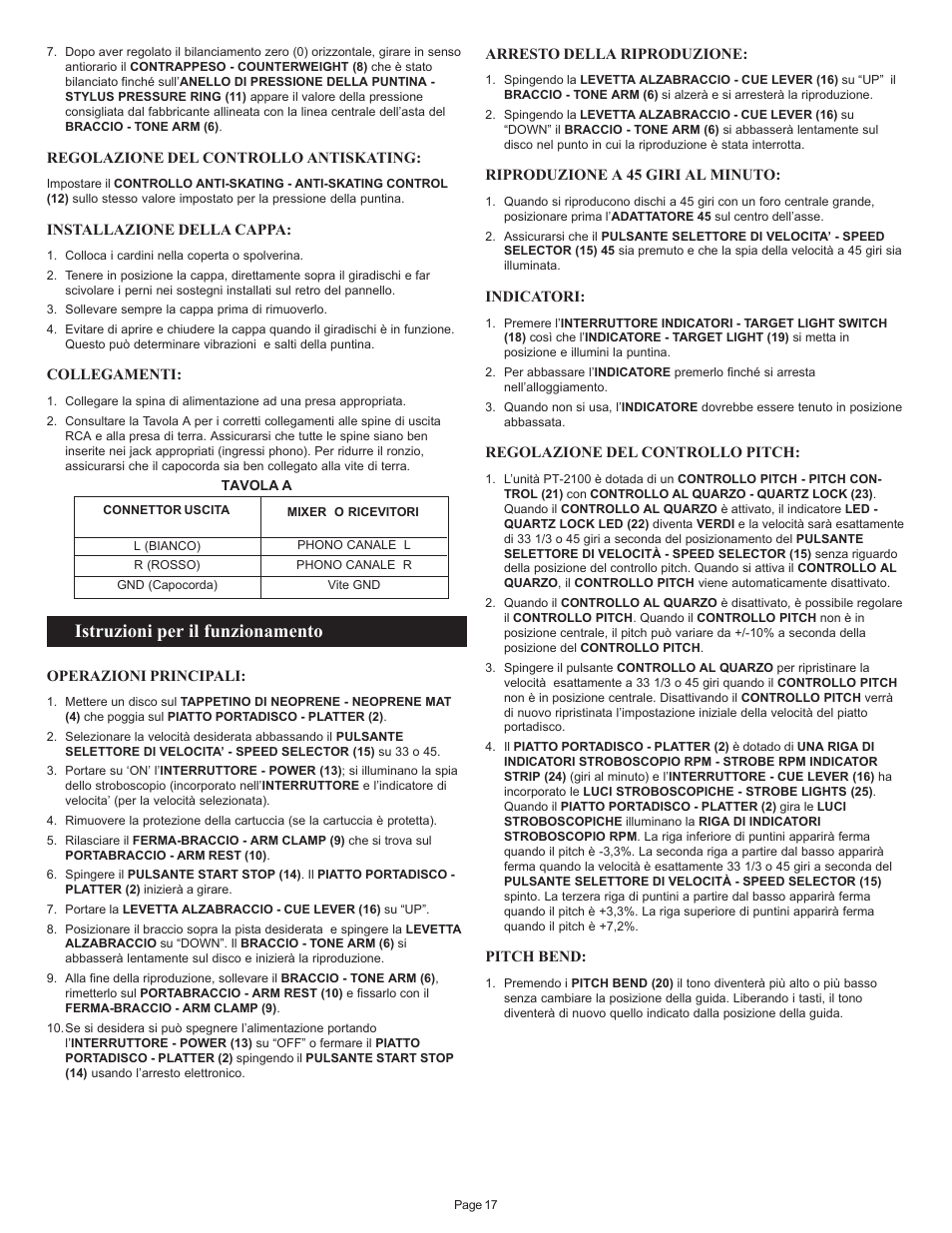 Istruzioni per il funzionamento | Gemini PT 2100 User Manual | Page 17 / 20