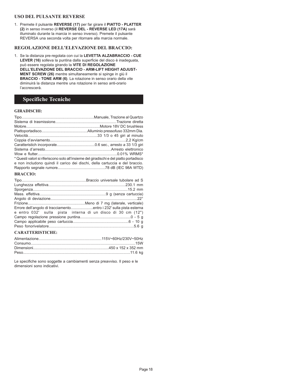 Specifiche tecniche | Gemini PT 2100 User Manual | Page 18 / 20