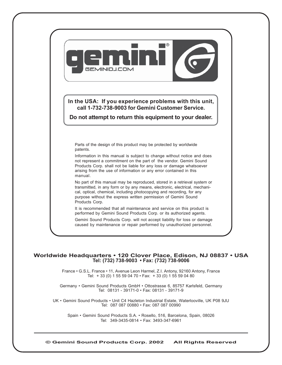 Gemini PT 2100 User Manual | Page 20 / 20