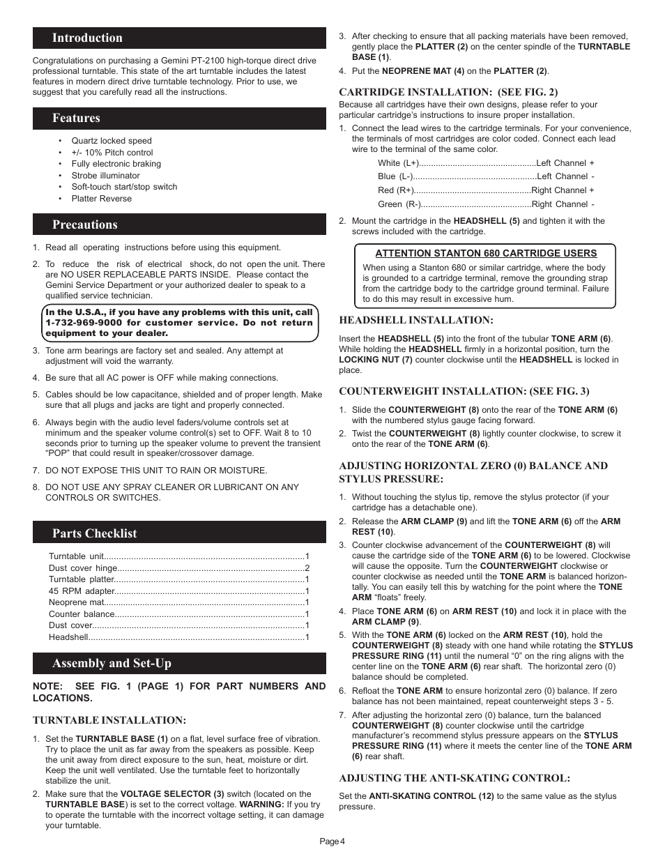 Introduction, Features, Precautions | Parts checklist, Assembly and set-up | Gemini PT 2100 User Manual | Page 4 / 20