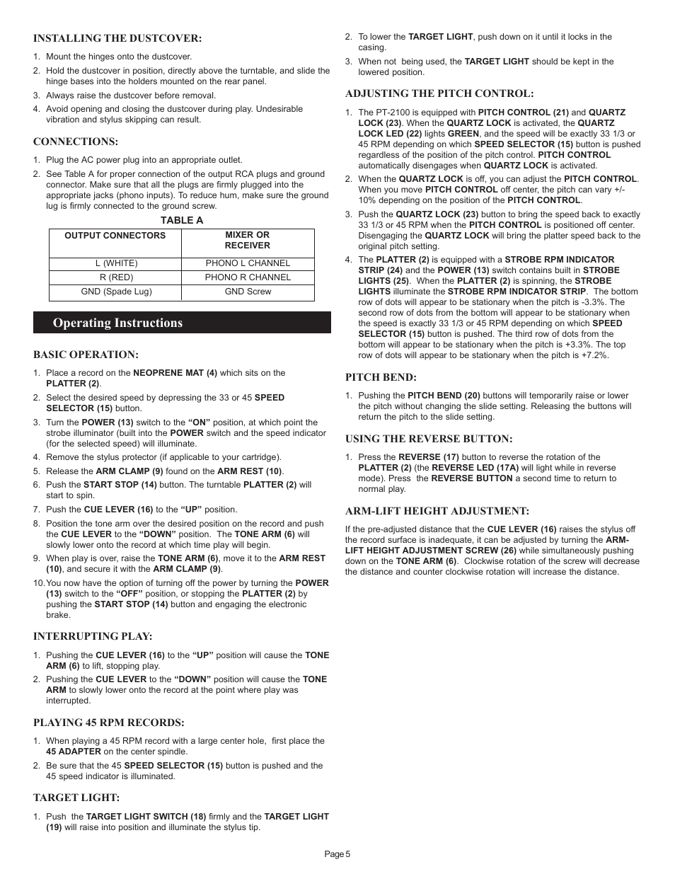 Operating instructions | Gemini PT 2100 User Manual | Page 5 / 20