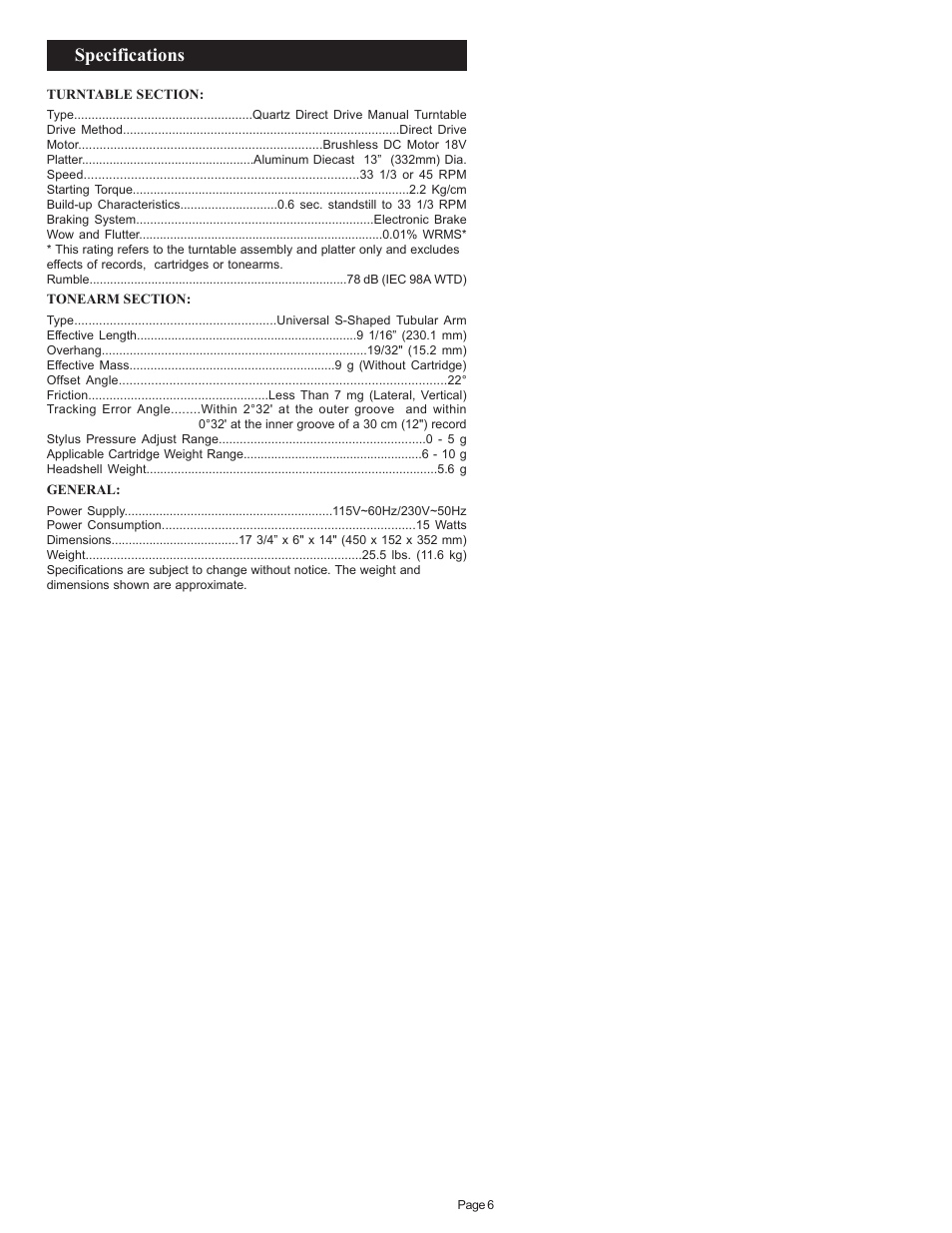 Specifications | Gemini PT 2100 User Manual | Page 6 / 20