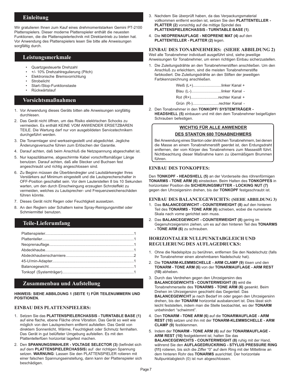 Einleitung, Leistungsmerkmale, Vorsichtsmaßnahmen | Teile-lieferumfang, Zusammenbau und aufstellung | Gemini PT 2100 User Manual | Page 7 / 20