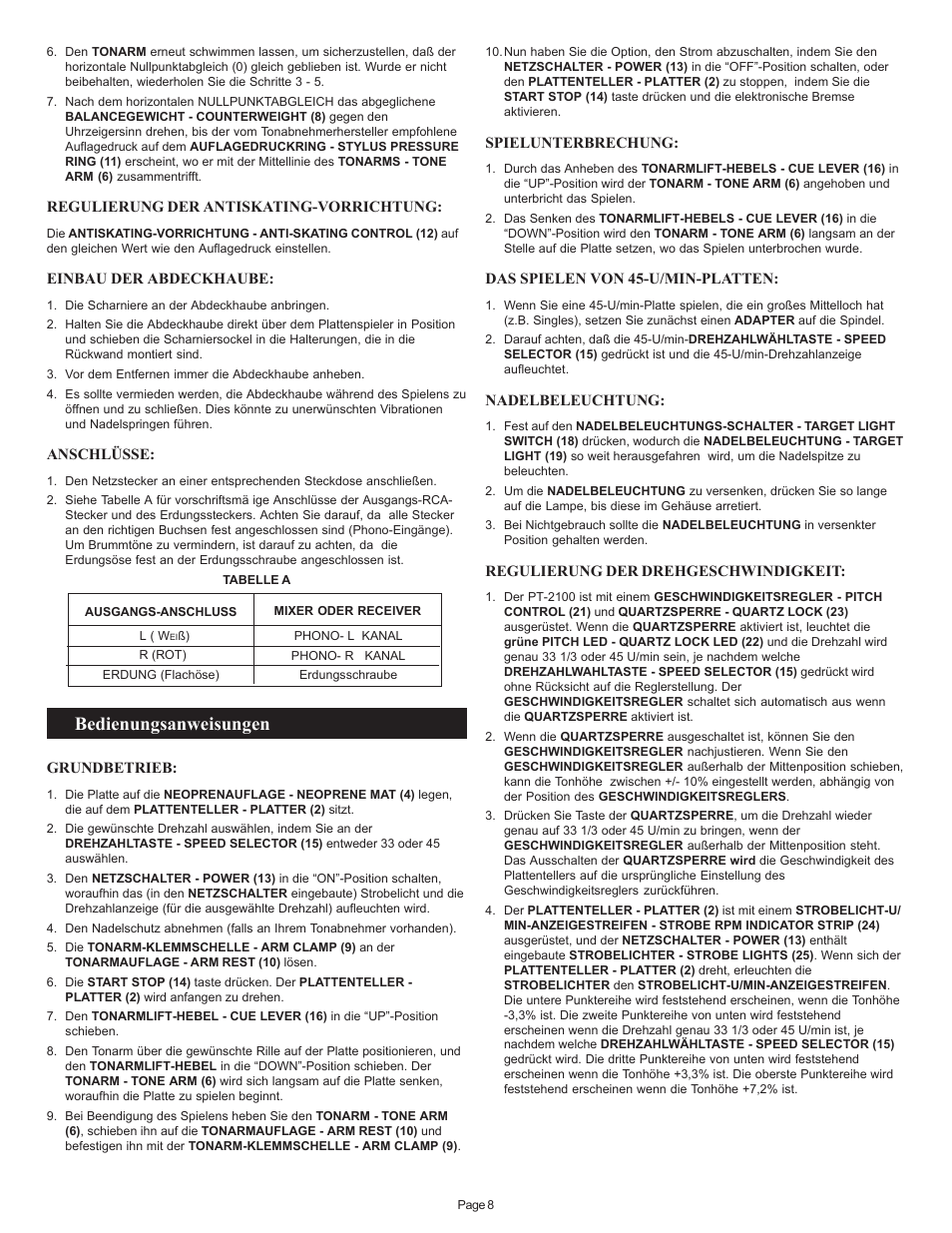 Bedienungsanweisungen | Gemini PT 2100 User Manual | Page 8 / 20