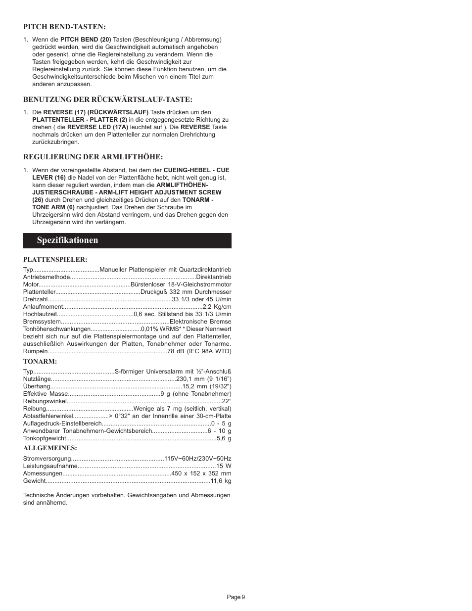 Spezifikationen | Gemini PT 2100 User Manual | Page 9 / 20