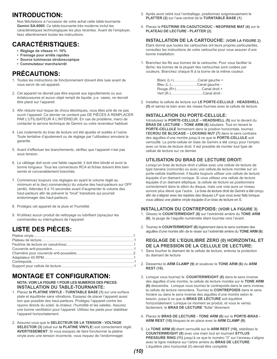 Introduction, Caractéristiques, Précautions | Liste des pièces, Montage et configuration | Gemini SA-600II User Manual | Page 10 / 12
