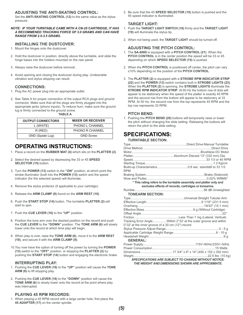 Operating instructions, Specifications | Gemini SA-600II User Manual | Page 5 / 12