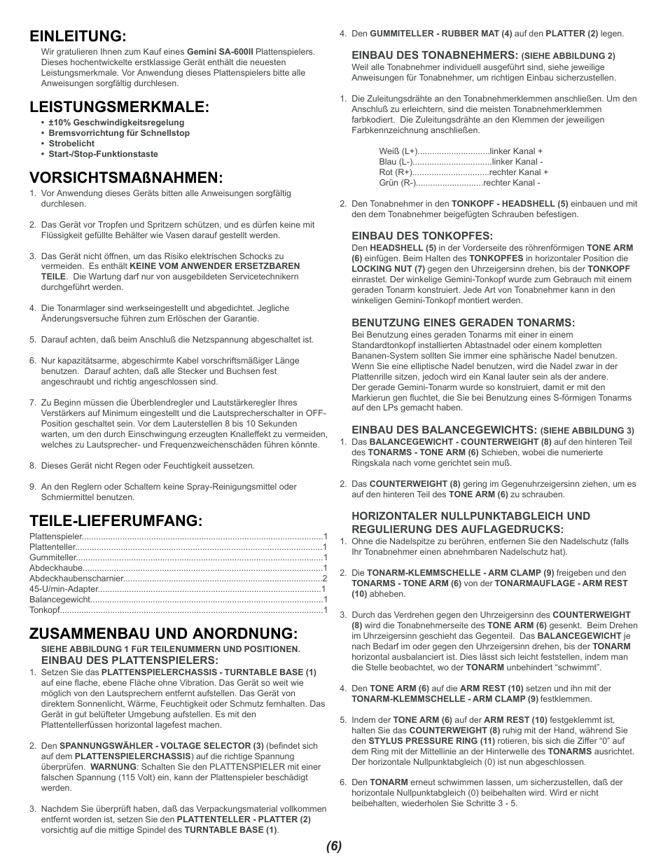 Einleitung, Leistungsmerkmale, Vorsichtsmaßnahmen | Teile-lieferumfang, Zusammenbau und anordnung | Gemini SA-600II User Manual | Page 6 / 12
